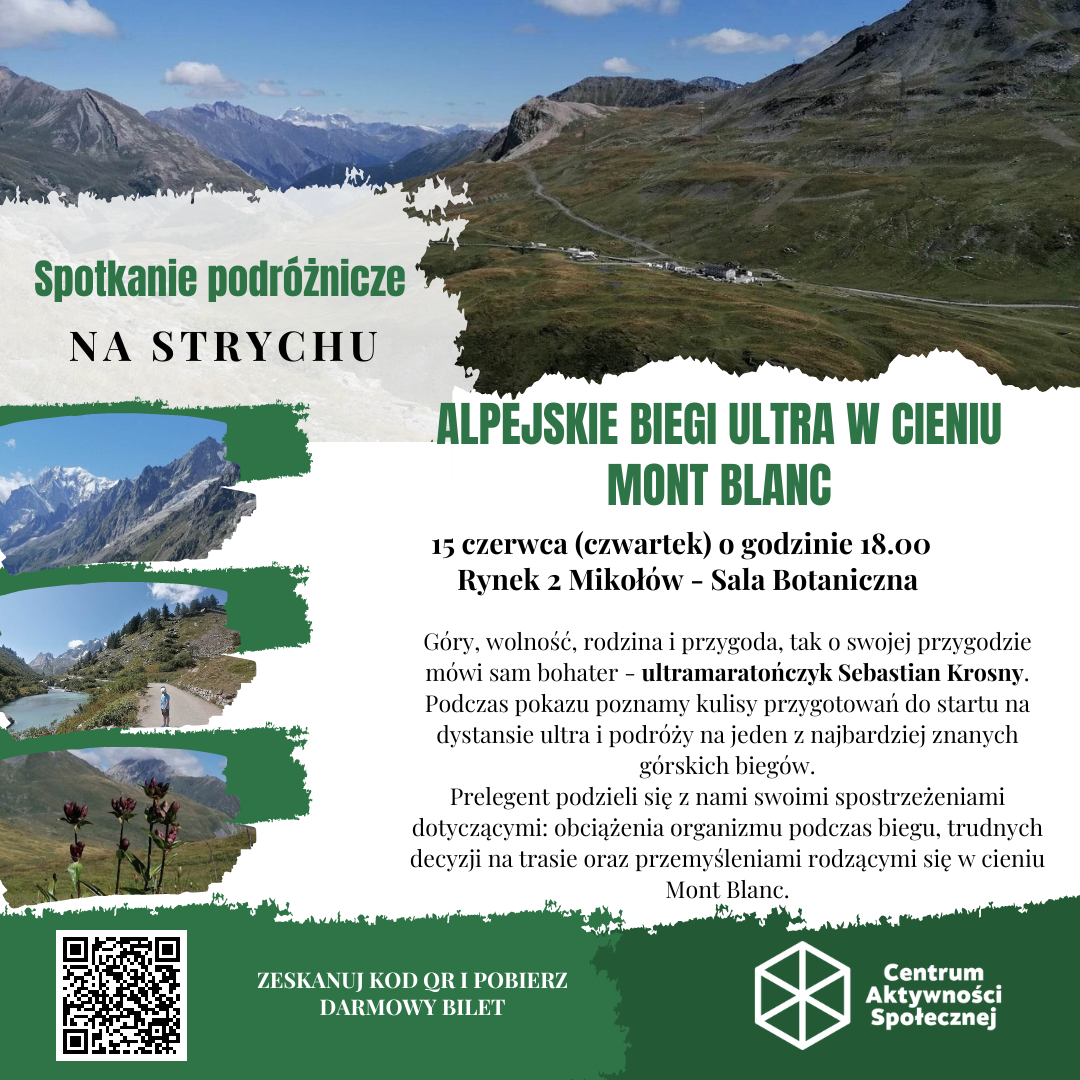 Spotkanie Podróżnicze na Strychu – Alpejskie biegi ultra w cieniu Mont Blanc (15.06.2023r.)
